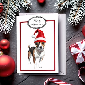Jack Russell-kerstkaart, afdrukbare wenskaartsjabloon met feestelijk hondenontwerp, direct download, knutselspullen, voor dierenliefhebbers