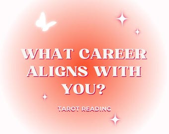 Puede incluir: Gráfico digital con un fondo degradado suave en tonos rojos y blancos. El texto "WHAT CAREER ALIGNS WITH YOU?" se muestra en una fuente en negrita con serif. Debajo, el texto "TAROT READING" está en una fuente más pequeña. También hay una mariposa blanca y explosiones de estrellas.
