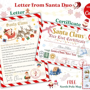 Paquete personalizado de cartas de Papá Noel: Carta a Papá Noel, mapa imprimible del Polo Norte, plantilla de certificado de Navidad de reno de nariz roja