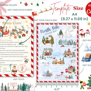 Paquete personalizado de cartas de Papá Noel: Carta a Papá Noel, Carta de Papá Noel, Mapa imprimible del Polo Norte, reno de nariz roja para la diversión de la primera infancia