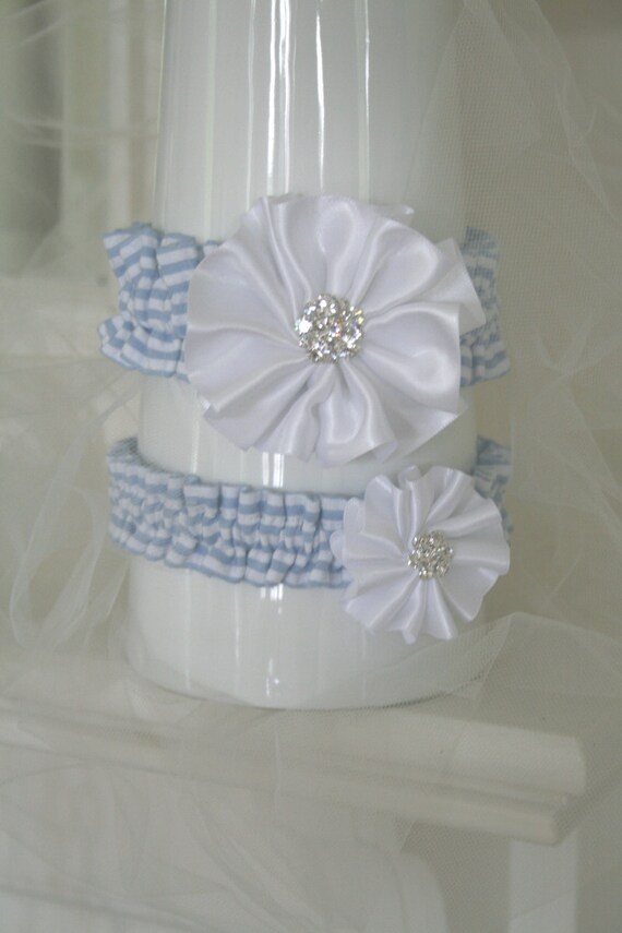 Items similar to Blue Seersucker Ribbon Flower Garter Set on Etsy