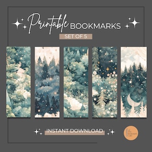 Printable Bookmarks, Digital Download, Set of 5, Night Forest Bookmark Set, Reader Gift, Bookish Download, Bookmark Set, Instant Download