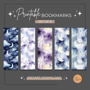 Watercolor Printable Bookmarks, Digital Download, Set of 5, Celestial Bookmarks, Reader Gift, Bookish Merch, Bookmark Set, Instant Download