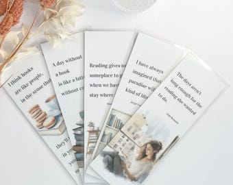May include: Set of six bookmarks with watercolor illustrations and inspirational quotes about reading. The quotes include: "I think books are like people...", "A day without a book is like a latte without coffee", "Reading gives us someplace to go when we have to stay where we are", "I have always imagined that paradise will be a kind of library", and "The days aren't long enough for the reading she wanted to do."