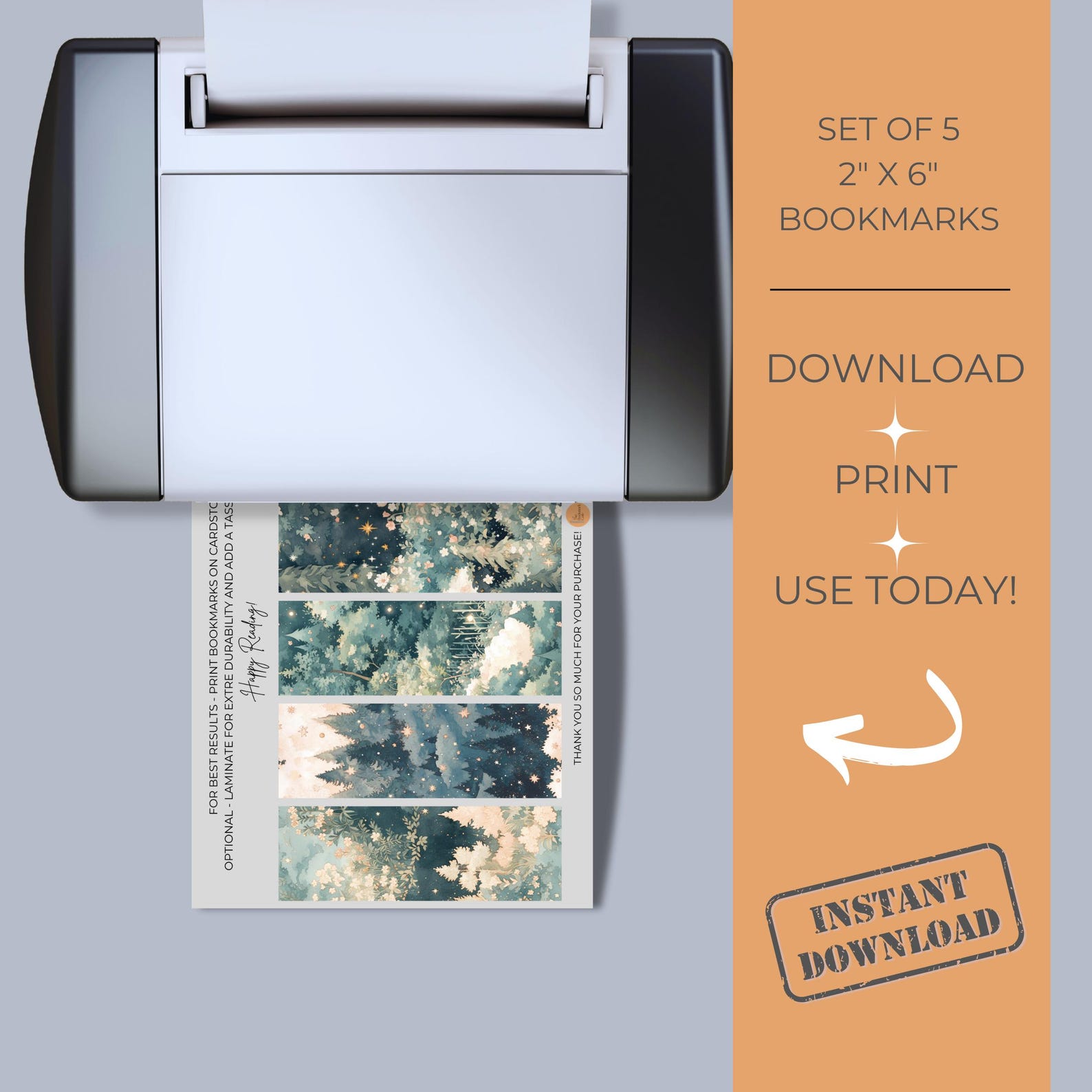 Printable Bookmarks, Digital Download, Set of 5, Night Forest Bookmark ...
