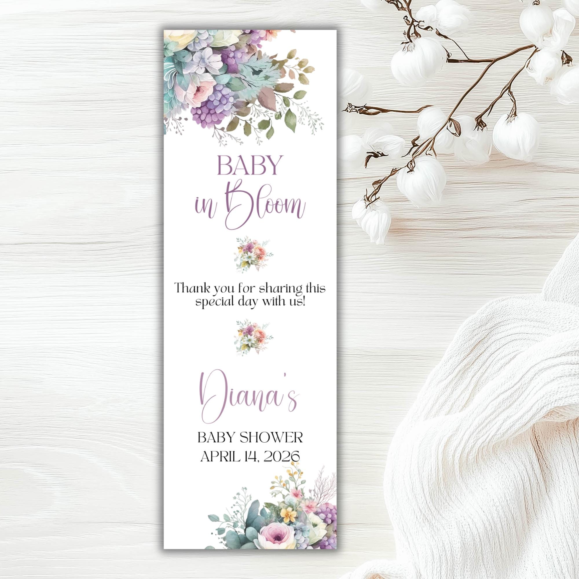 Baby Shower Bookmark Favors, Personalized Guest Keepsake, Baby in Bloom ...