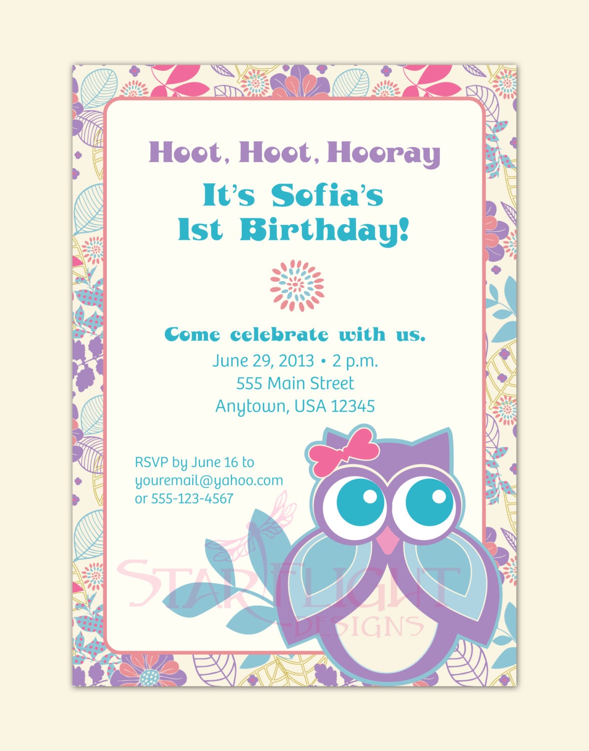 Customized Owl Birthday Invitation - printable PDF, image size:1176x1500