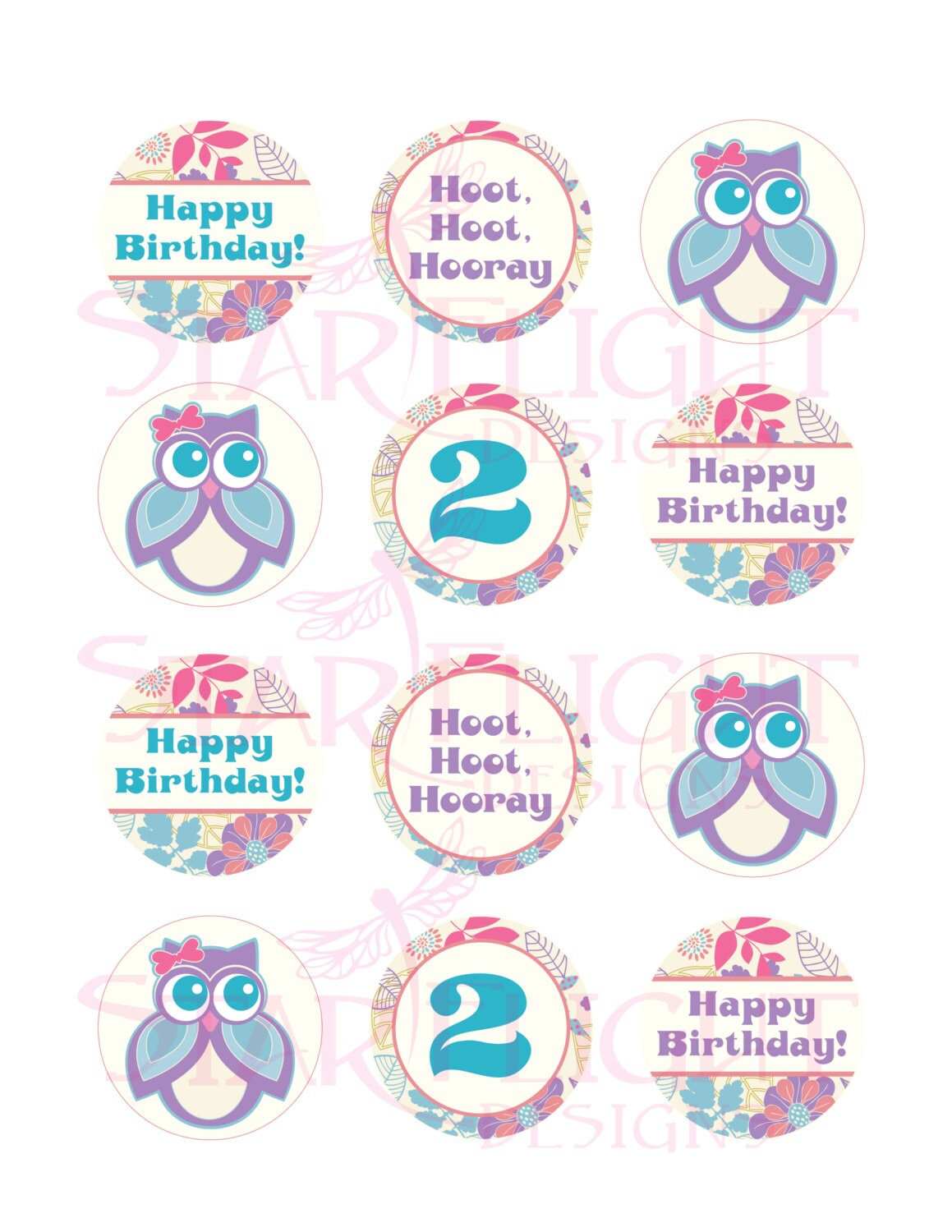 2x2 Owl Birthday Cupcake Toppers Printable PDF - Etsy