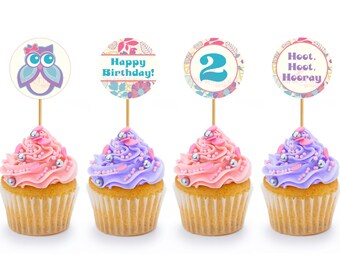 2&quot;x2&quot; Owl Birthday Cupcake Toppers - Printable PDF
