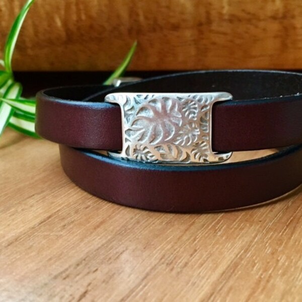 Brown leather and silver double wrap bracelet | Boho jewelry for women | Gift for her from Red Moon Jewelry