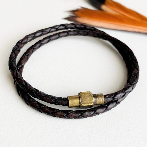 Mens and unisex braided leather bracelet with brass magnetic clasp | Handmade double wrap bracelet from Red Moon Jewelry