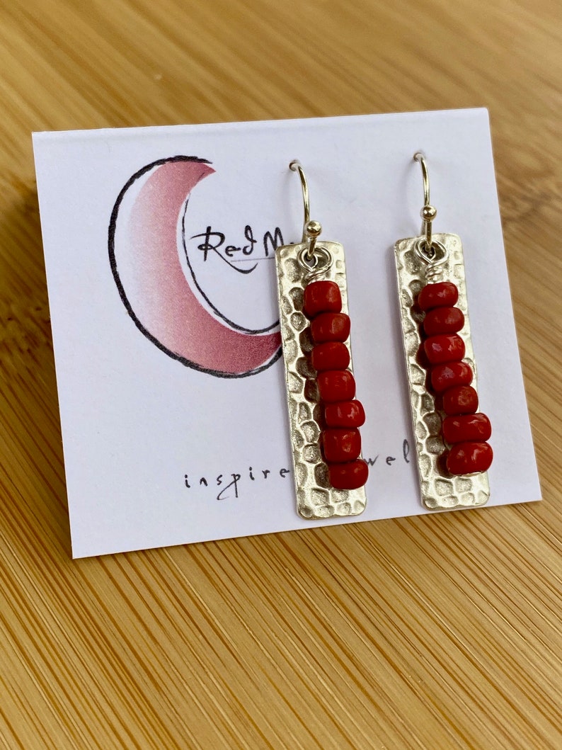 Rustic boho dangle earrings Ethnic style Tribal Matte Seed Beads on silver hammered bar from Red Moon Jewelry