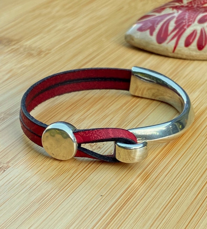 Leather cuff bracelet for women Silver half hook red wrap Etsy