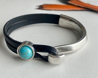 Womens leather, silver and turquoise handmade cuff bracelet | Boho, Southwestern, Hippie style layering jewelry | Customized gift for her