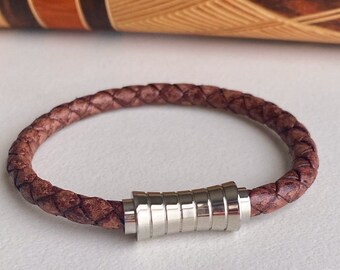 Mens braided leather bracelet with magnetic clasp | Genuine braided leather jewelry | Handmade unisex bracelet from Red Moon Jewelry