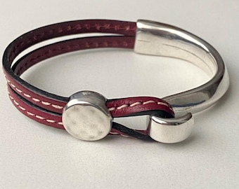 Stitched leather handmade cuff bracelet for women • Unique jewelry gift for her • Cute silver and genuine leather statement bracelet
