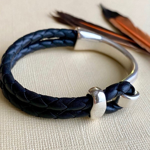 Braided leather and silver cuff bracelet for men | Unisex jewelry | Handmade gift from Red Moon Jewelry