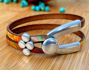 Bracelet for women leather and silver boho style | Handmade gift for her | Colorful bracelet with silver clasp | Stacking wrap bracelet