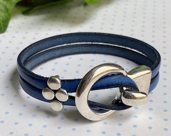 Blue leather and silver wrap bracelet handmade for women | Boho casual bracelet ready to ship | Stacking bracelet gift for her