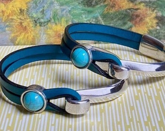 Turquoise bracelet for women leather and silver • Handmade Boho Hippy Western cuff festival jewelry • Gift for her