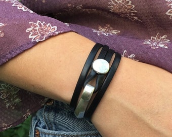 Leather bracelet Boho style handmade gift for her | Double wrap cuff bracelet for women | Genuine leather and silver bracelet