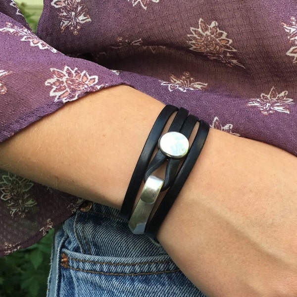 Leather bracelet Boho style handmade gift for her | Double wrap cuff bracelet for women | Genuine leather and silver bracelet