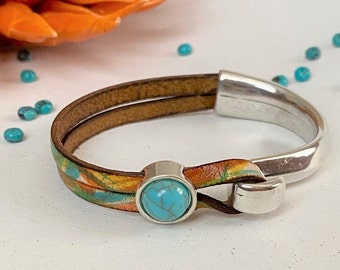 Boho style handmade leather and turquoise bracelet for women |  Silver half cuff bracelet women's jewelry | Gift for her