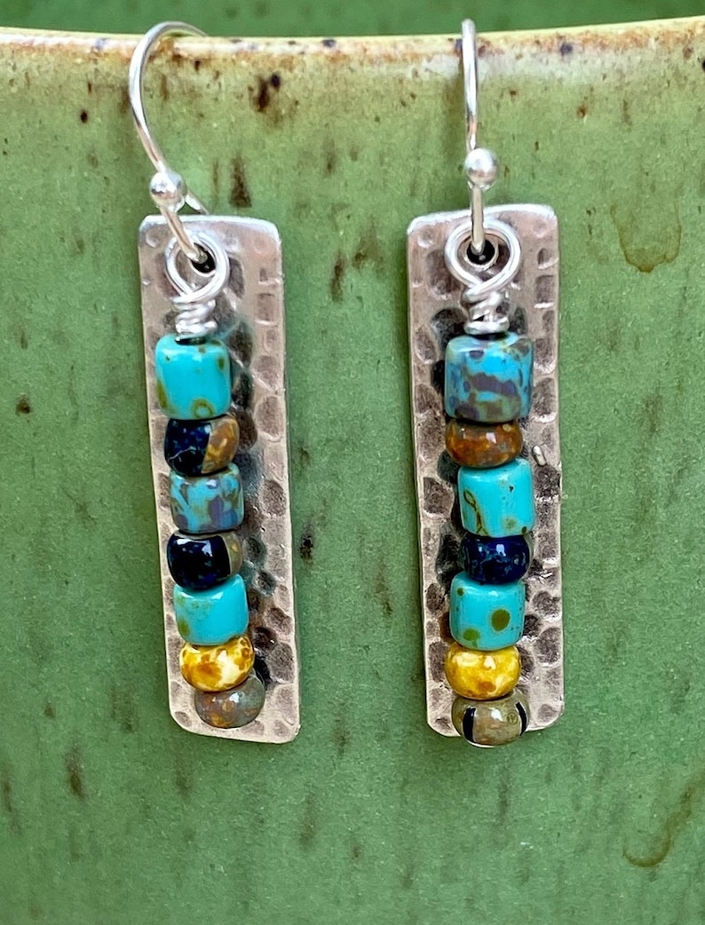 Rustic boho dangle earrings Ethnic style Tribal Matte Seed Beads on silver hammered bar from Red Moon Jewelry