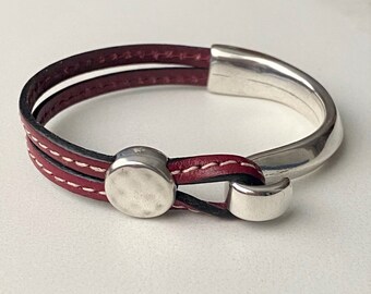 Leather bracelets for women | Stitched leather silver cuff bracelet | Jewelry for women from Red Moon Jewelry