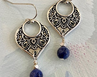 Silver dangle earrings with lapis or pearl | Boho drop earrings | Gift for her from Red Moon Jewelry