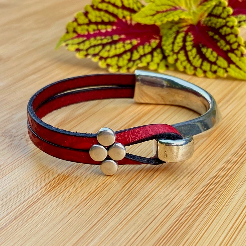 Leather cuff bracelet for women Silver half hook red wrap Etsy