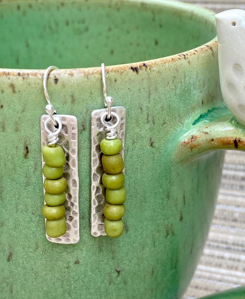 Rustic boho dangle earrings Ethnic style Tribal Matte Seed Beads on silver hammered bar from Red Moon Jewelry