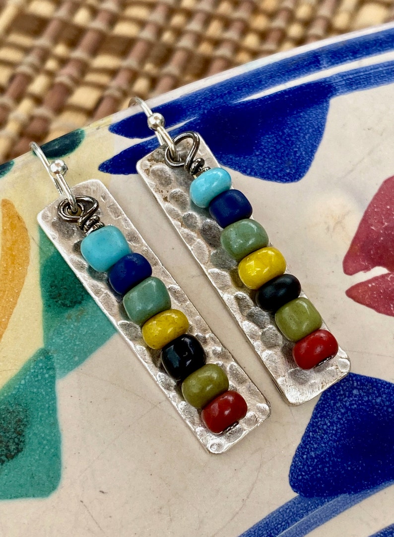 Rustic boho dangle earrings Ethnic style Tribal Matte Seed Beads on silver hammered bar from Red Moon Jewelry