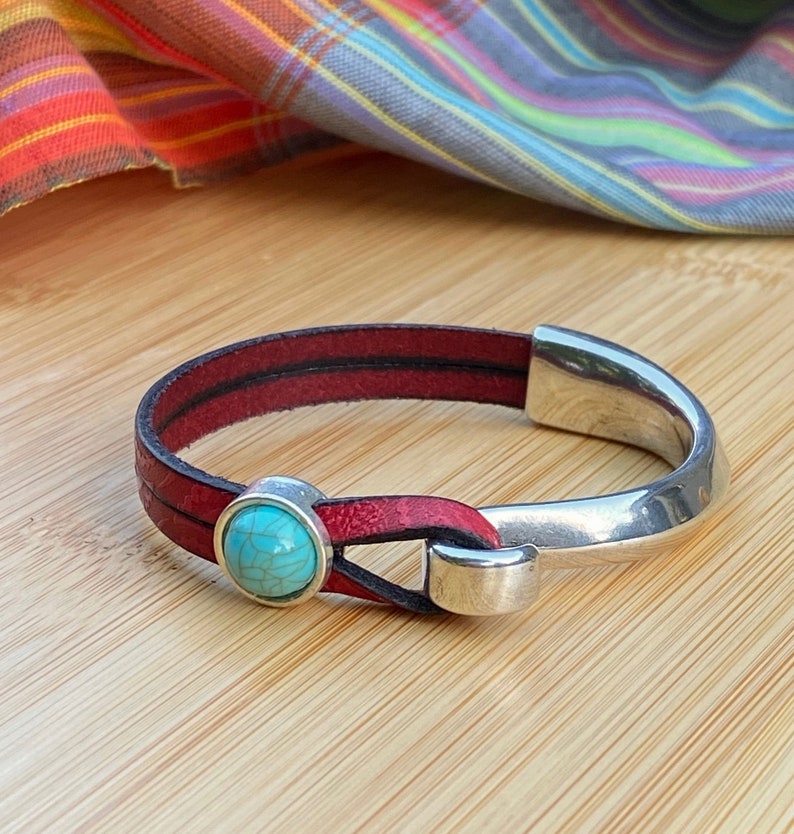 Leather cuff bracelet for women Silver half hook red wrap Etsy
