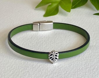Silver montserrat plant charm on minimalist leather bracelet • Trendy stacking handmade wrap • Skinny leather jewelry • Womens gift
