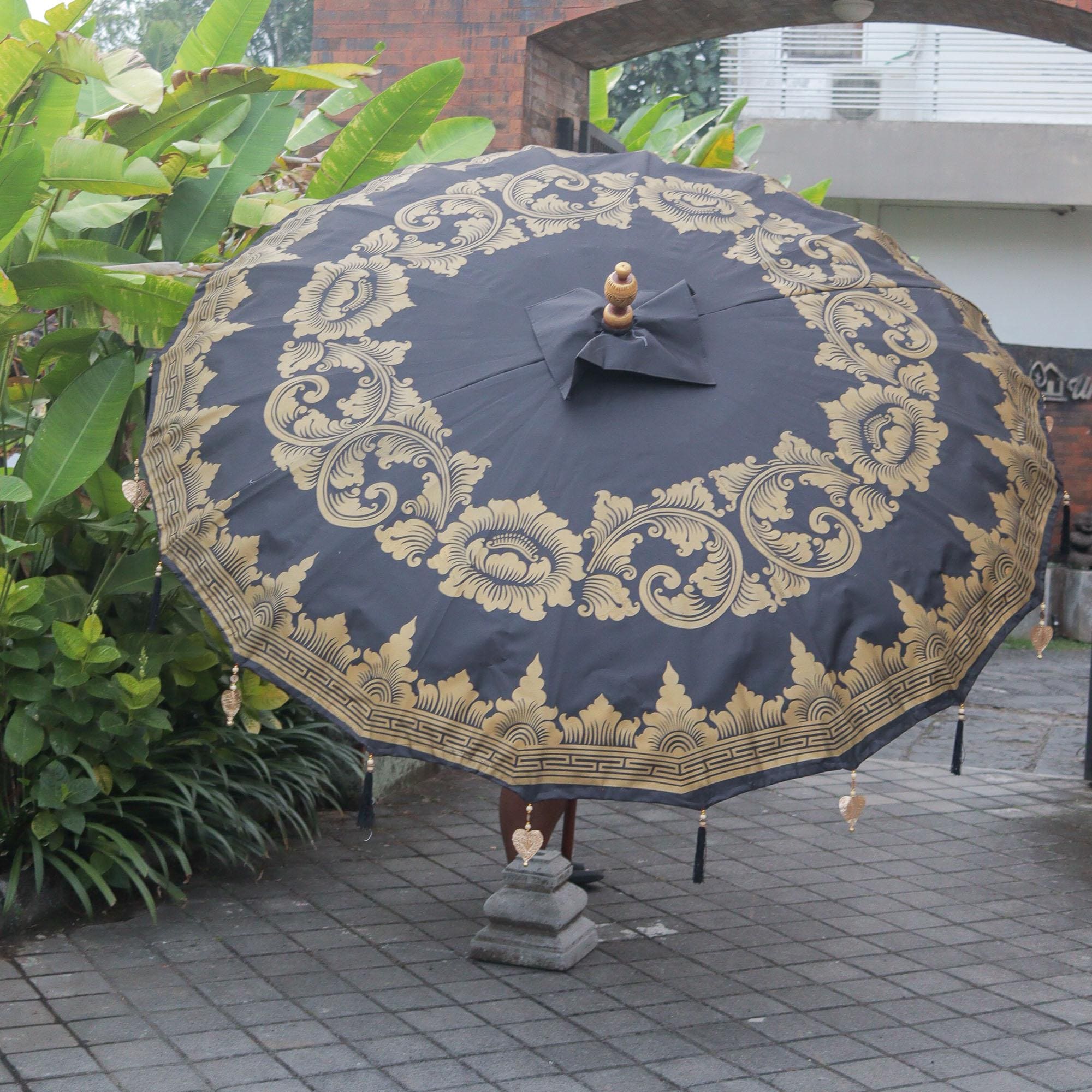 black floral patio umbrella Handmade Balinese Black Parasol: Garden Decoration Umbrella