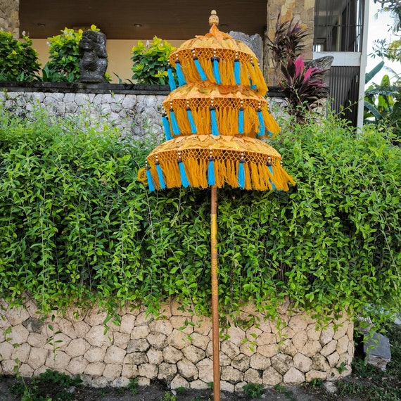 Handmade Gold Triple Parasol: Tiered Balinese Umbrella Decoration