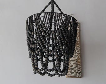 Handmade Wooden Beaded Chandelier: Faded Black Lampshade