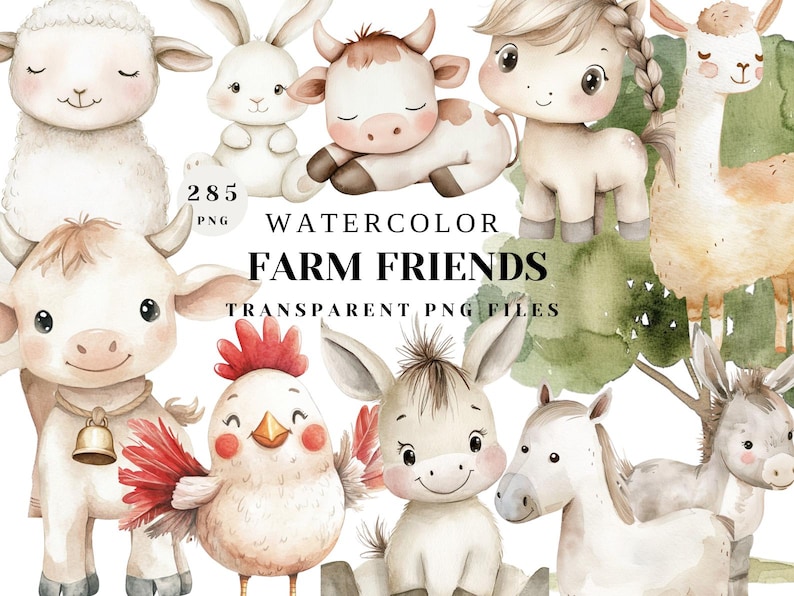 Watercolor Farm Friends Clipart Cute Farm Animals PNG Baby Animals ...