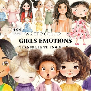 Imágenes Prediseñadas de emociones de niñas de acuarela ? Diferentes caras de chicas PNG | Expresiones felices, tristes, sorprendidas y más | Archivos digitales transparentes
