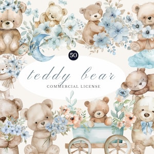 Teddy Bear Watercolor Clipart | Cute Blue Floral Teddy, Baby Shower Illustration, Soft Plushie Animals, Nursery Decor, Commercial Use PNG