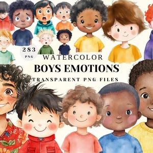 Imágenes prediseñadas de emociones de niños de acuarela ? Caras de niños diversos PNG | Expresiones felices, tristes, sorprendidas y más | Archivos digitales transparentes