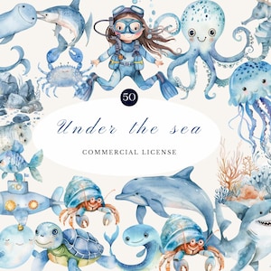 Under the Sea Watercolor Clipart Set - Blue Ocean Animals, Cute Divers, Dolphins, Jellyfish, Octopus, Submarine, Digital Art, Commercial Use
