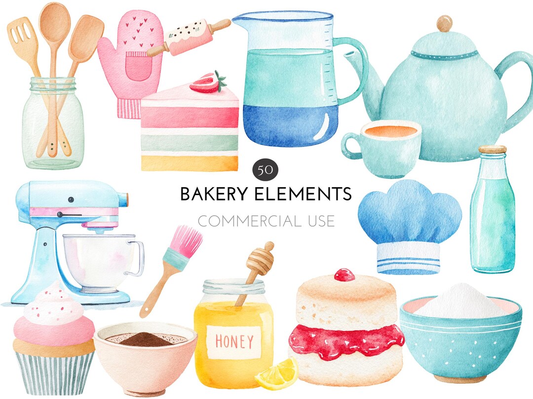 kitchen printable poster bakery print with watercolor... Watercolor Bakery Clipart Bundle Baking Kitchen Elements Digital ...