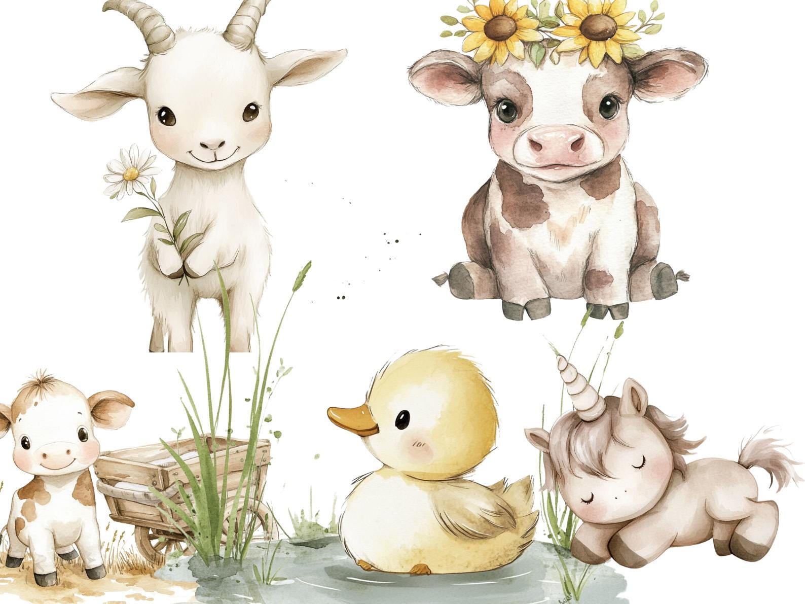 Watercolor Farm Friends Clipart Cute Farm Animals PNG Baby Animals ...