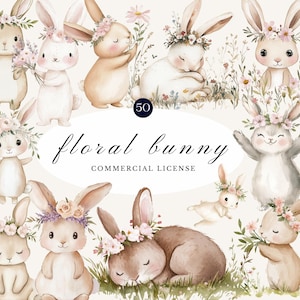 Floral Bunny Watercolor Clipart Bundle | Cute Rabbits with Flower Crowns & Botanical Elements with Commercial License | Nursery