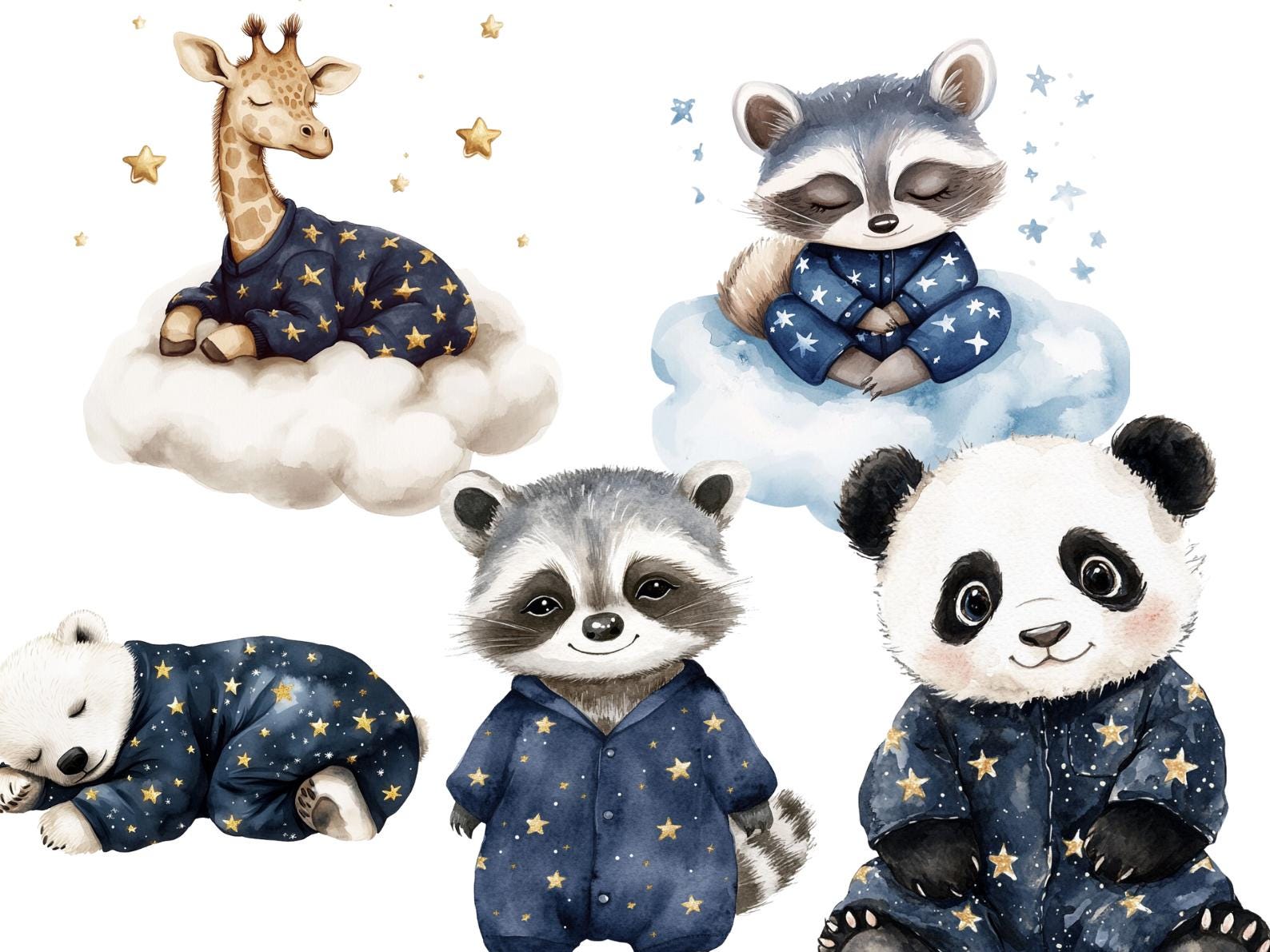 Watercolor Sleepy Animals Clipart | Cute Bedtime Animal PNG Set | Night ...
