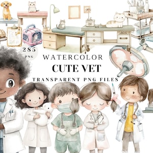 Watercolor Cute Vet Clipart | Animal Clinic PNG Files | Veterinarian, Pets & Medical Equipment | Transparent Digital Art for Crafts
