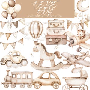Beige Boy Clipart Bundle – Watercolor Vintage Toys and Vehicles PNG, Baby Boy Nursery Decor, Hot Air Balloon and Train Digital Download