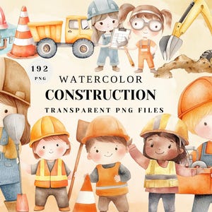 Watercolor Construction Clipart Set - Cute Kids Builder Clip Art, Construction Vehicles PNG, Transparent Digital Files for Crafts & Designs